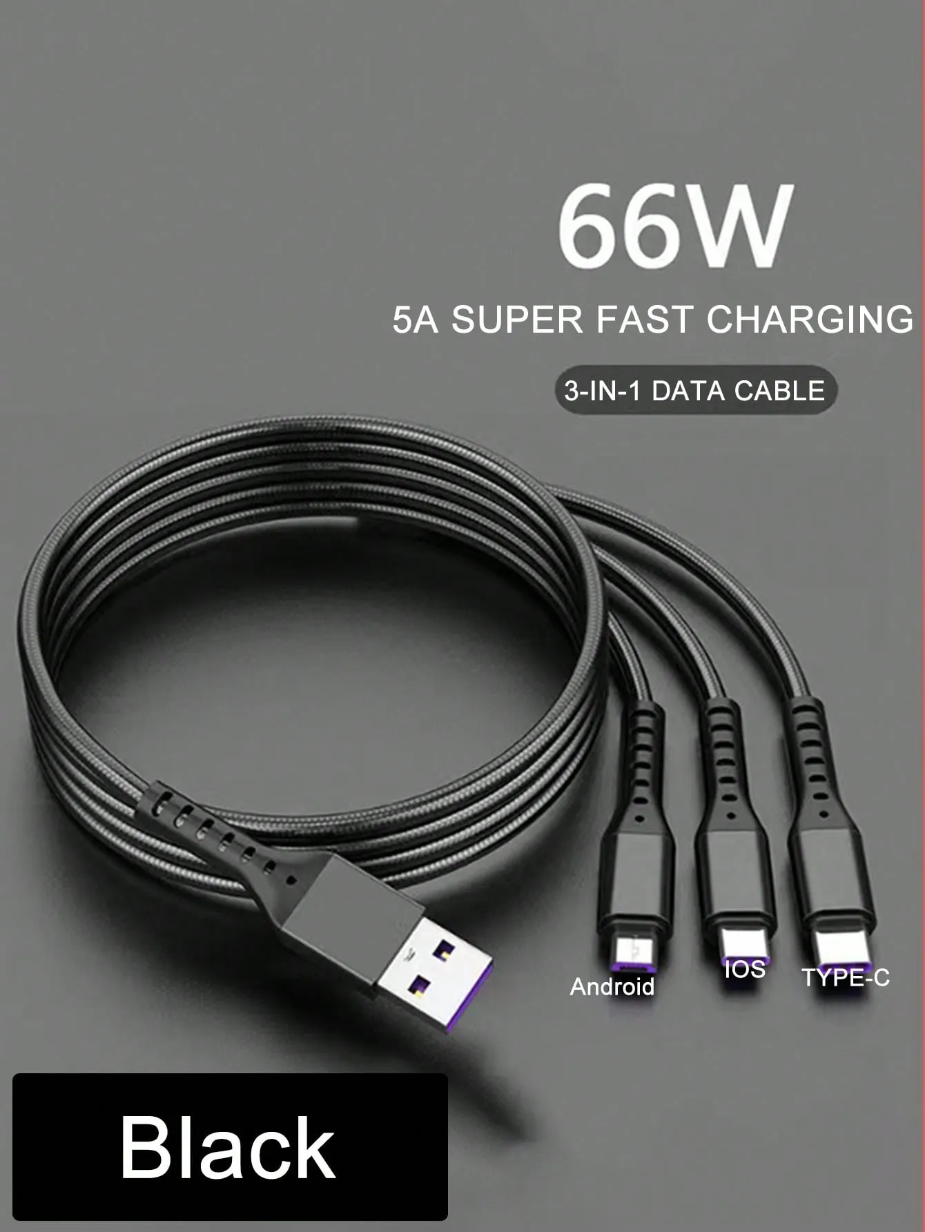 1 Pc 5A 66W 3-In-1 Super Fast Charging Woven Data Cable, Suitable For Mainstream Brand Devices Such As Huawei/Xiaomi/Samsung/OPPO.