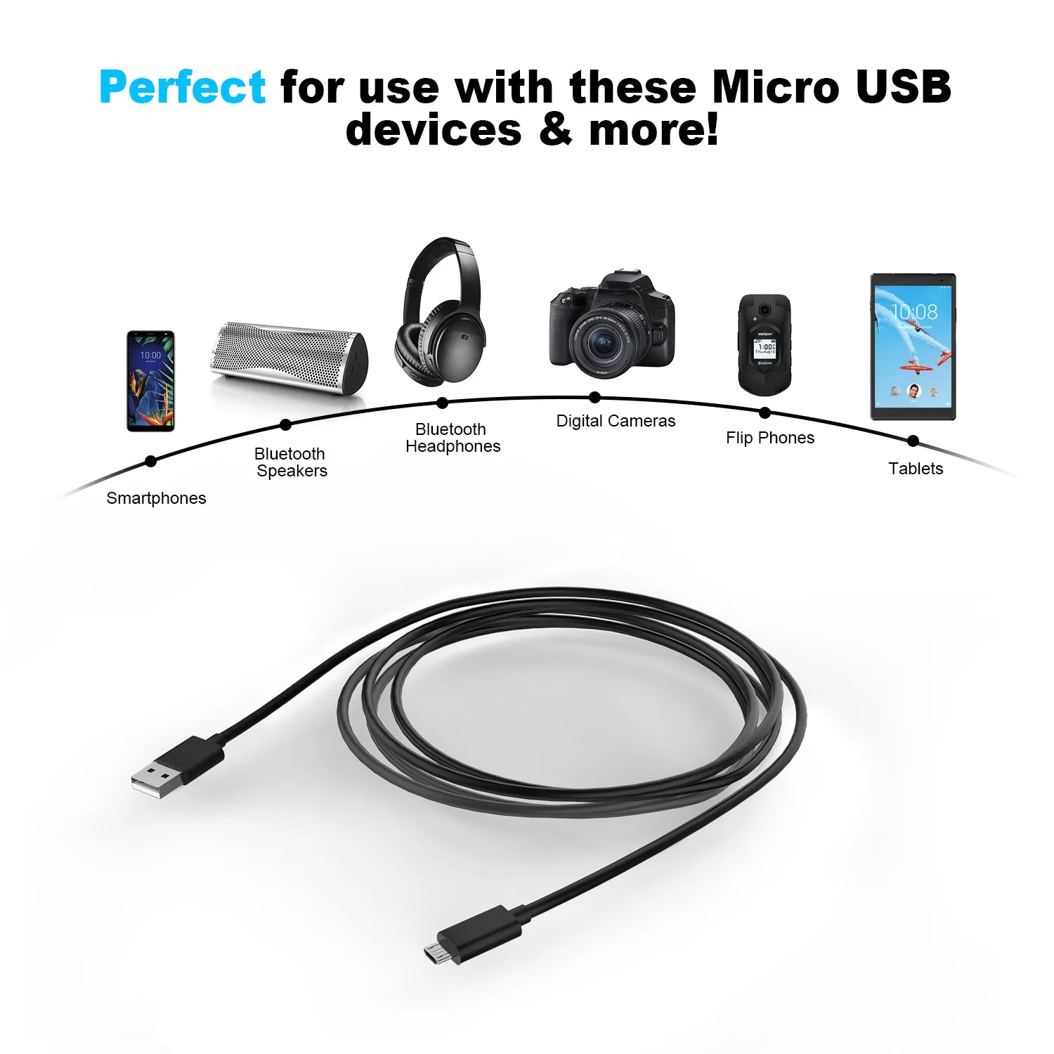 10ft Micro USB Cable Compatible with Motorola, Samsung, LG, BLU, Kyocera