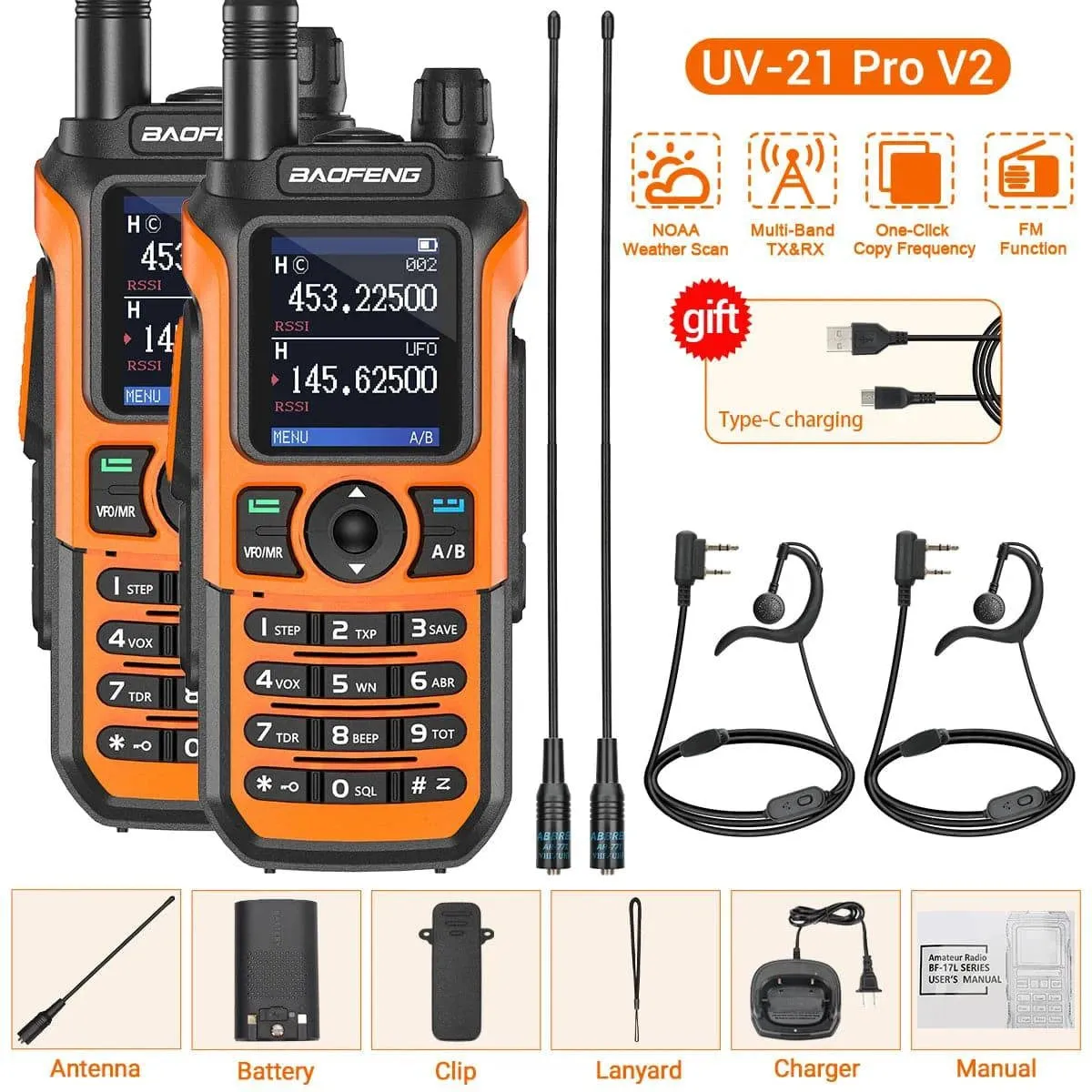 2PCS Baofeng UV-21 Pro Walkie Talkie Tri-Band Wireless Copy Frequency Long Range 999CH High Power UV 5R Ham Two Way Radio