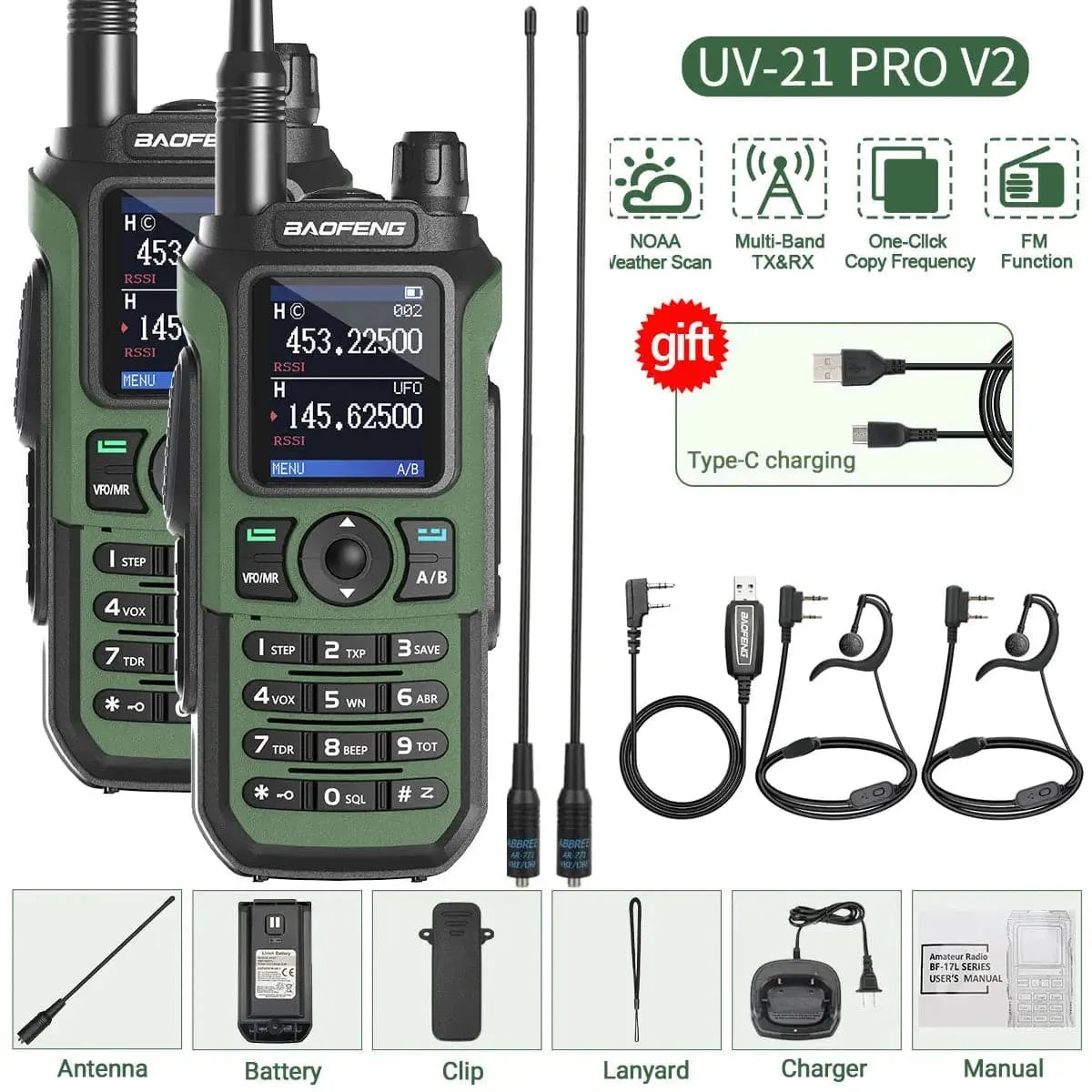 2PCS Baofeng UV-21 Pro Walkie Talkie Tri-Band Wireless Copy Frequency Long Range 999CH High Power UV 5R Ham Two Way Radio