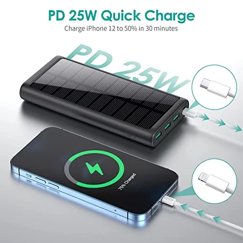 5 in 1 Wireless Portable Charger Power Bank,36800mAh 5 Output Dual QC4.0 25W PD USB C Battery Pack,15W Wireless Fast Charging,IP65 Solar Charger Compatible with iPhone14,13,12 Series,Samsung,iPad etc