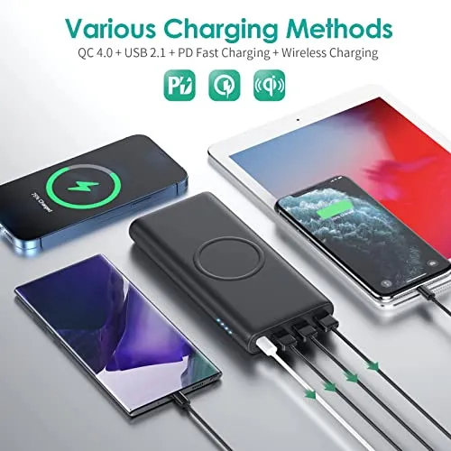 5 in 1 Wireless Portable Charger Power Bank,36800mAh 5 Output Dual QC4.0 25W PD USB C Battery Pack,15W Wireless Fast Charging,IP65 Solar Charger Compatible with iPhone14,13,12 Series,Samsung,iPad etc