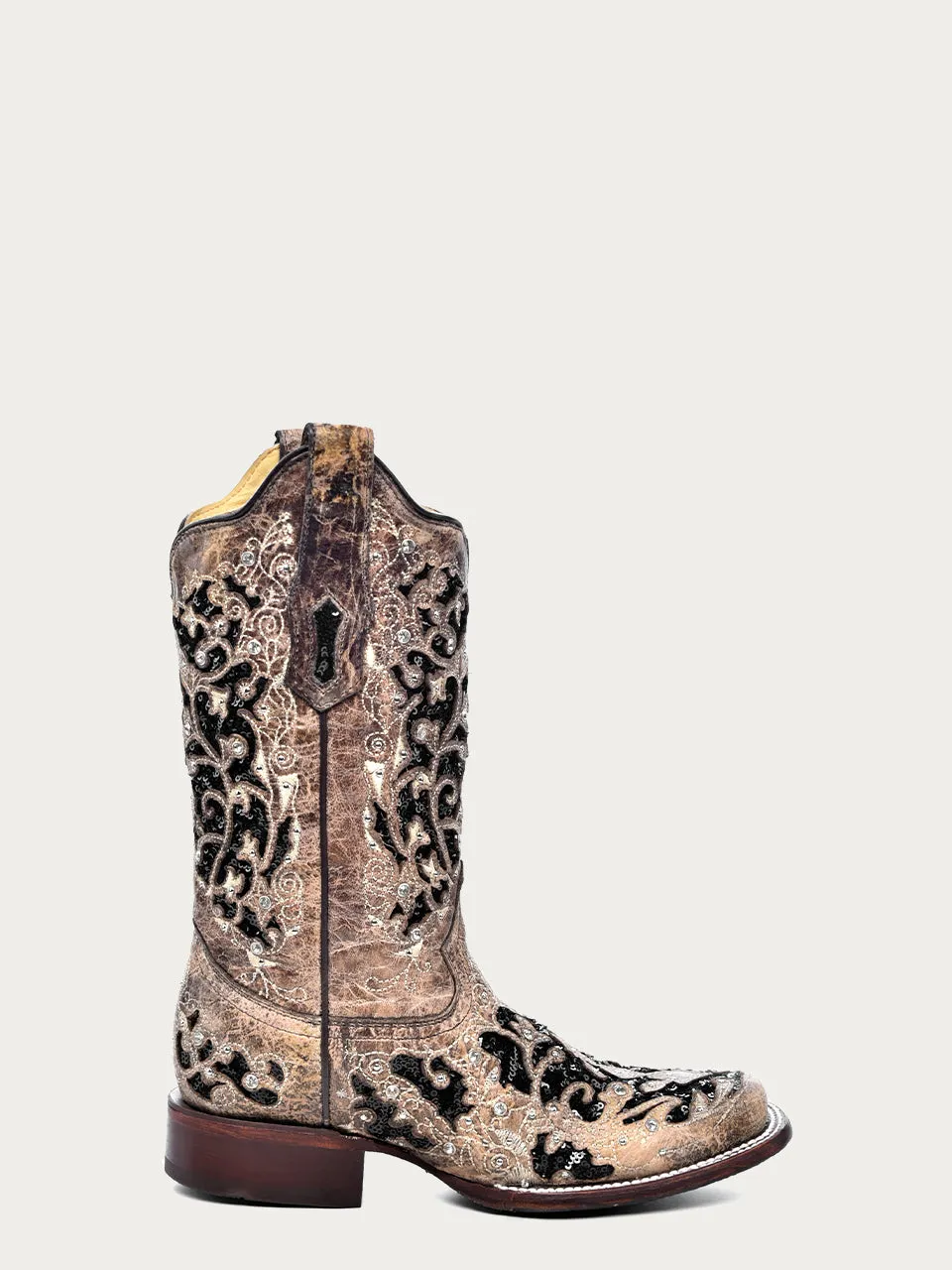 A3648 - WOMEN'S BLACK GLITTER INLAY FLORAL OVERLAY WITH CRYSTALS AND STUDS SQUARE TOE BROWN COWBOY BOOT