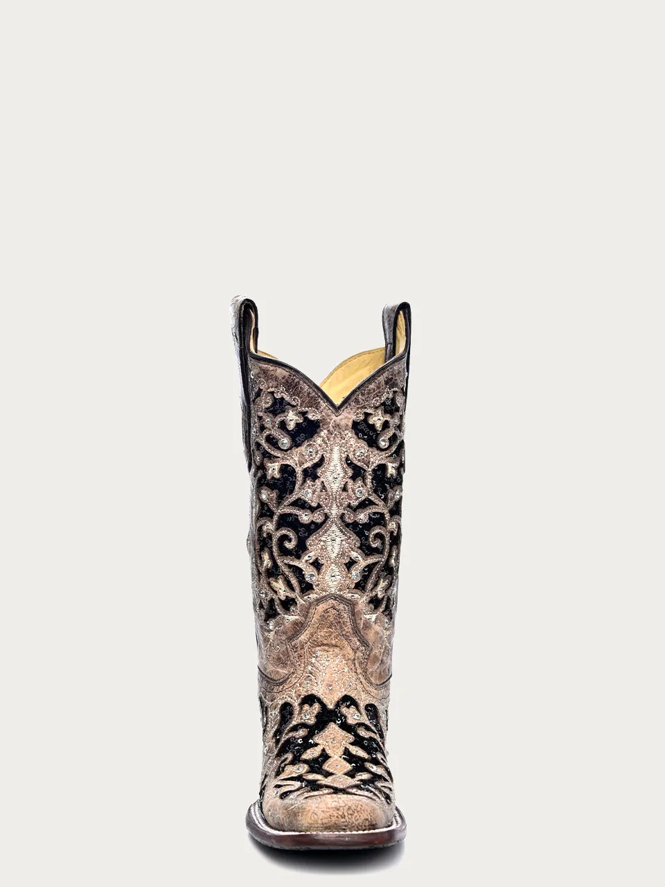 A3648 - WOMEN'S BLACK GLITTER INLAY FLORAL OVERLAY WITH CRYSTALS AND STUDS SQUARE TOE BROWN COWBOY BOOT