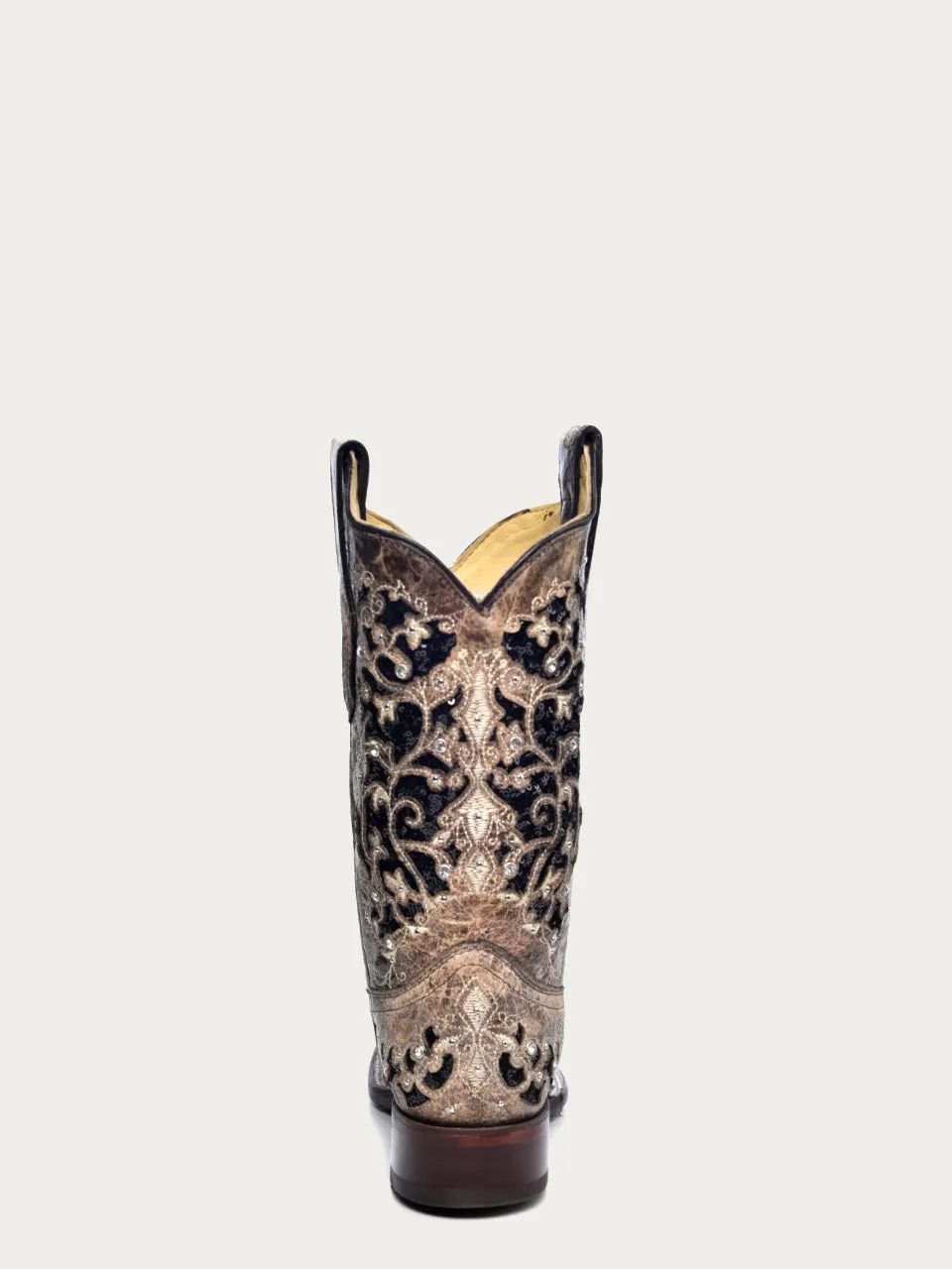 A3648 - WOMEN'S BLACK GLITTER INLAY FLORAL OVERLAY WITH CRYSTALS AND STUDS SQUARE TOE BROWN COWBOY BOOT