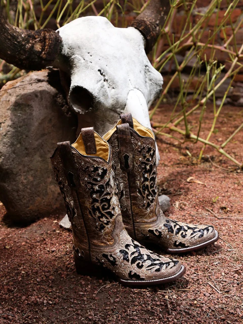 A3648 - WOMEN'S BLACK GLITTER INLAY FLORAL OVERLAY WITH CRYSTALS AND STUDS SQUARE TOE BROWN COWBOY BOOT