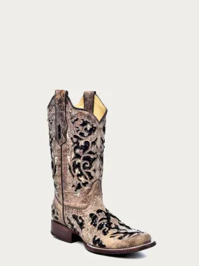 A3648 - WOMEN'S BLACK GLITTER INLAY FLORAL OVERLAY WITH CRYSTALS AND STUDS SQUARE TOE BROWN COWBOY BOOT