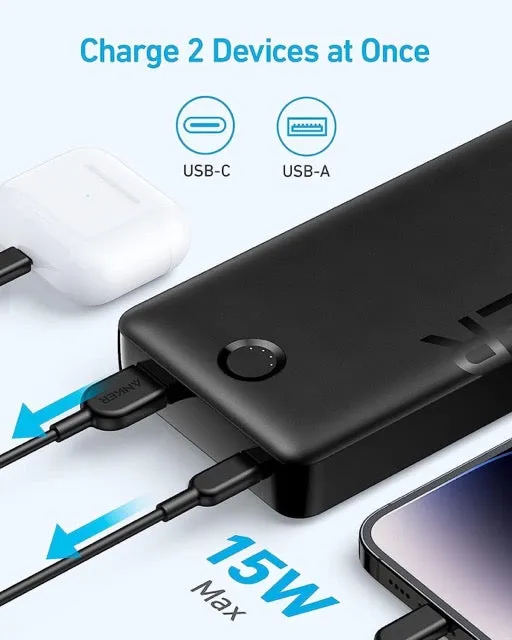 Anker Portable Charger, 20,000mAh Power Bank, Battery Pack with 2-Port, 15W High-Speed Charging (Black)