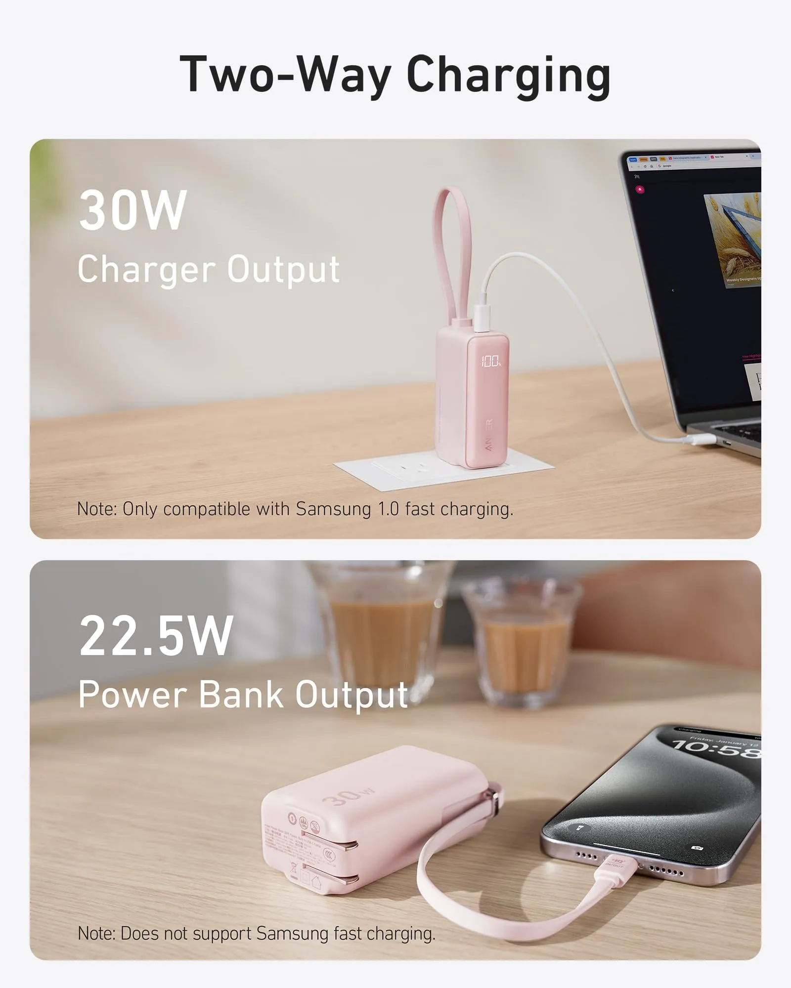 Anker Power Bank (30W, Fusion, Built-In USB-C Cable)