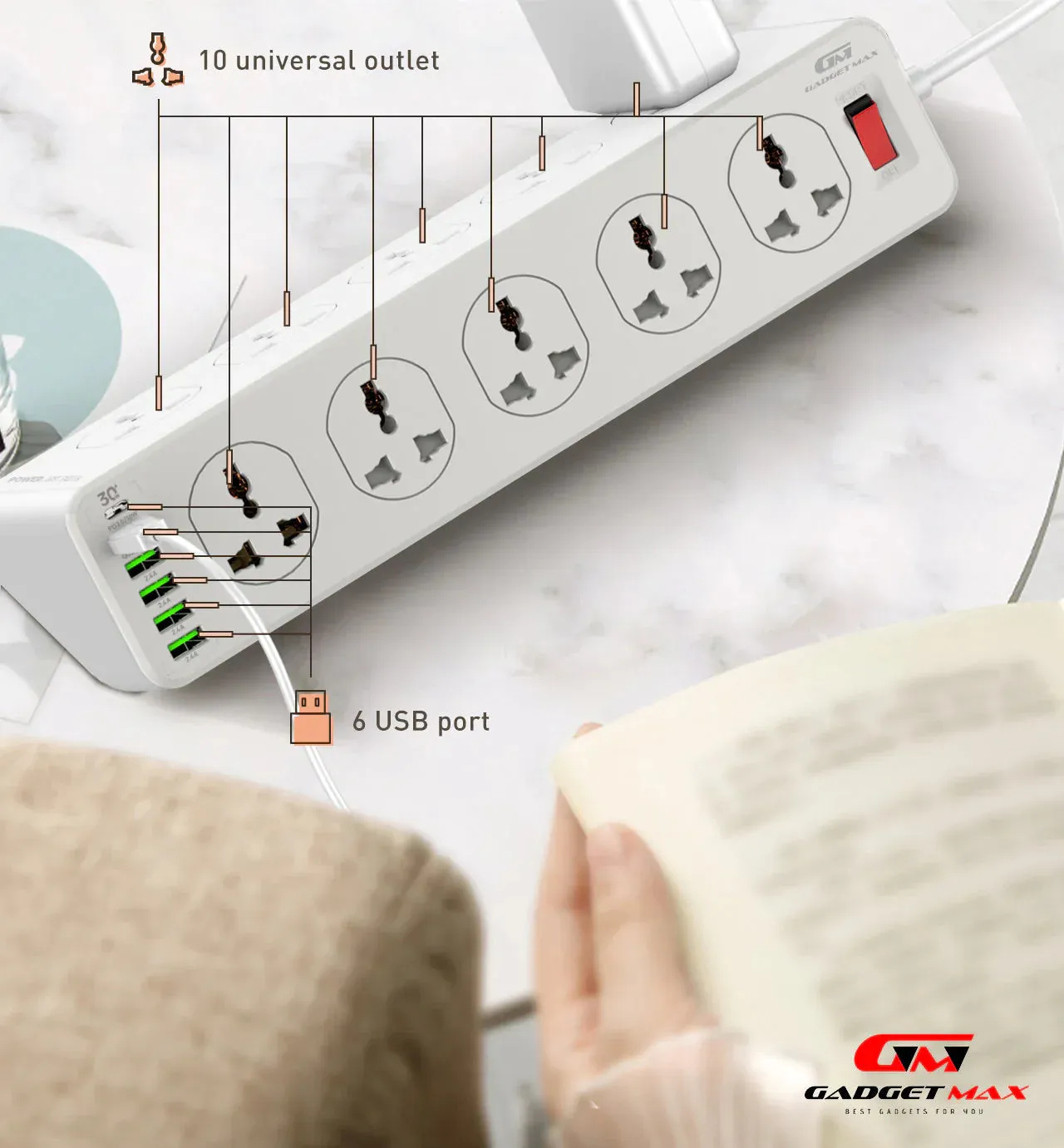 GADGET MAX GM-S10 SC10610 (5USB/1TYPE-C) POWER SOCKET PD QC 3.0 HIGH PERFORMANCE POWER SHRIP 2500W (10SOCKET/5USB/1TYPE-C) (30W) (2M) (Power Socket)