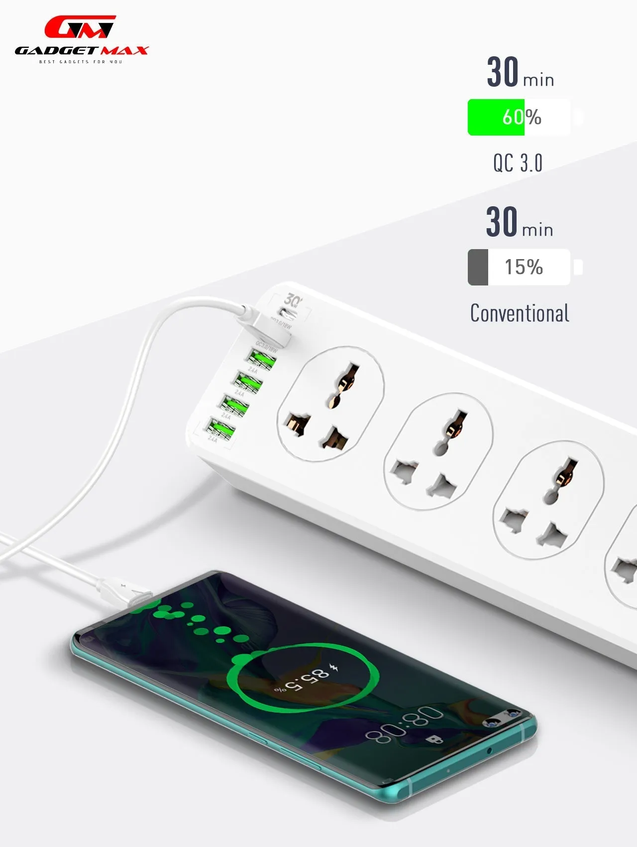 GADGET MAX GM-S10 SC10610 (5USB/1TYPE-C) POWER SOCKET PD QC 3.0 HIGH PERFORMANCE POWER SHRIP 2500W (10SOCKET/5USB/1TYPE-C) (30W) (2M) (Power Socket)