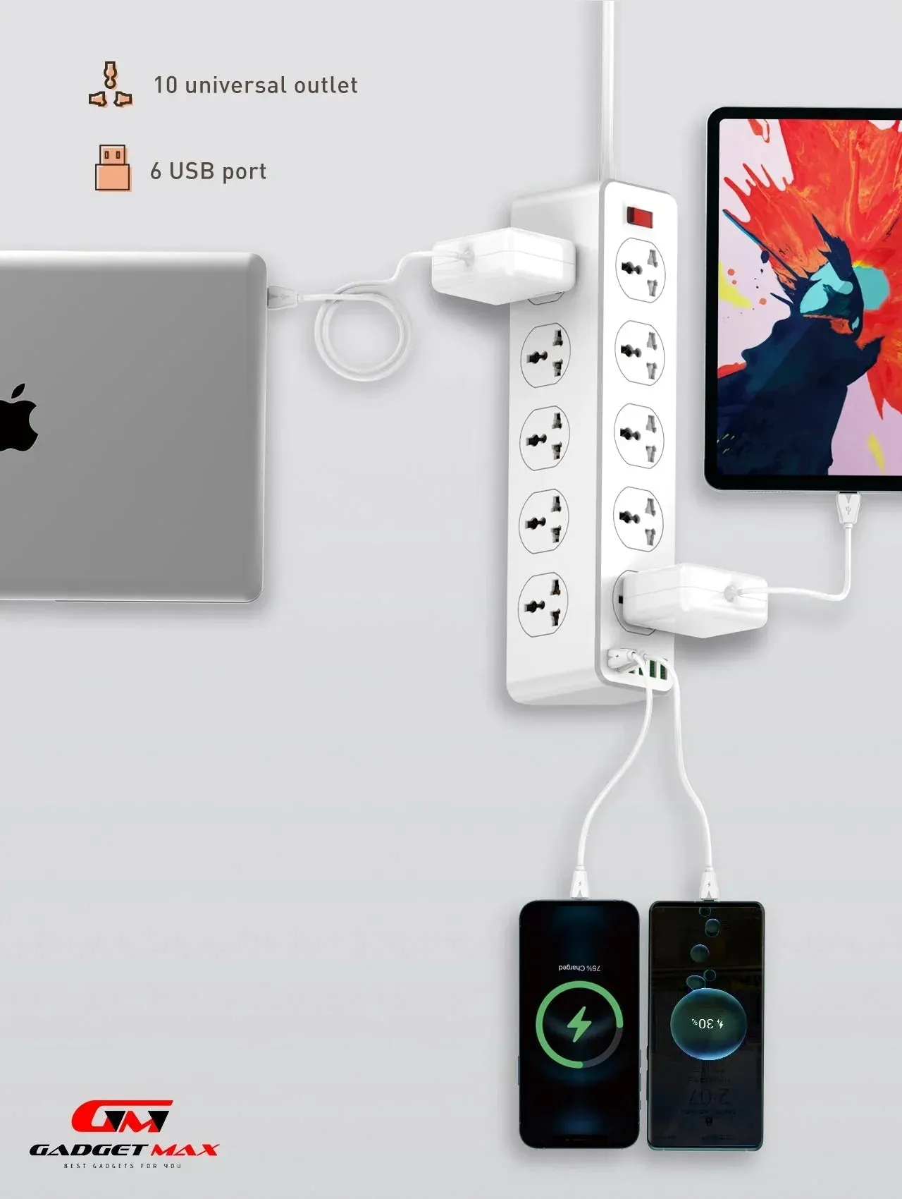 GADGET MAX GM-S10 SC10610 (5USB/1TYPE-C) POWER SOCKET PD QC 3.0 HIGH PERFORMANCE POWER SHRIP 2500W (10SOCKET/5USB/1TYPE-C) (30W) (2M) (Power Socket)