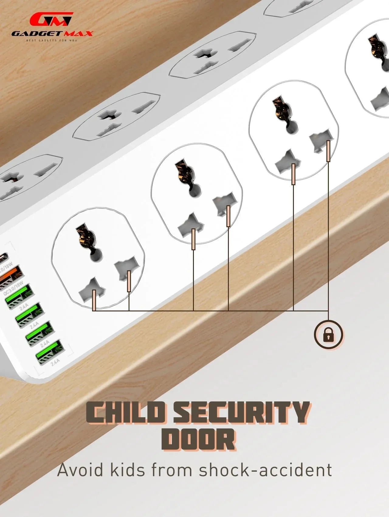 GADGET MAX GM-S10 SC10610 (5USB/1TYPE-C) POWER SOCKET PD QC 3.0 HIGH PERFORMANCE POWER SHRIP 2500W (10SOCKET/5USB/1TYPE-C) (30W) (2M) (Power Socket)