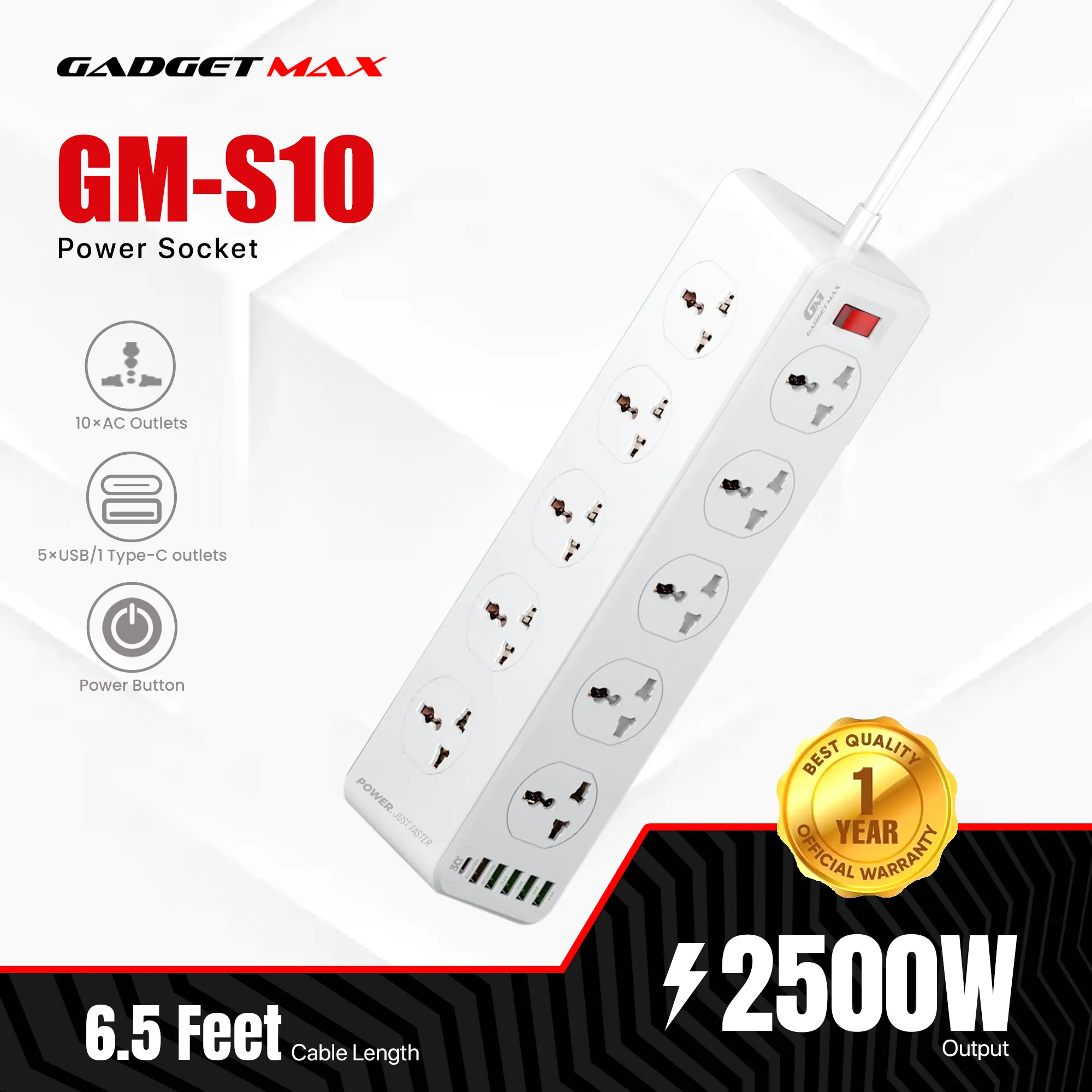 GADGET MAX GM-S10 SC10610 (5USB/1TYPE-C) POWER SOCKET PD QC 3.0 HIGH PERFORMANCE POWER SHRIP 2500W (10SOCKET/5USB/1TYPE-C) (30W) (2M) (Power Socket)