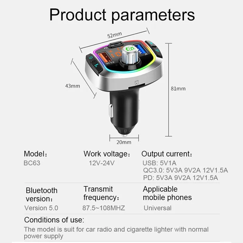 In car Bluetooth 5.0 Transmitter Kit - Handsfree Wireless FM Transmitter