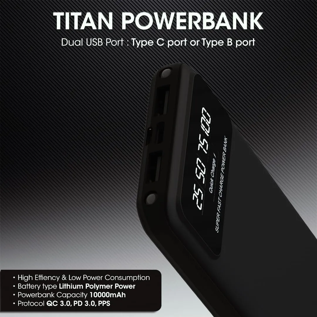 Kivart Titan 10,000 mAh Powerbank | Fast Charging | Universal Compatibility | LED Battery Indicator | 22 Watt Output