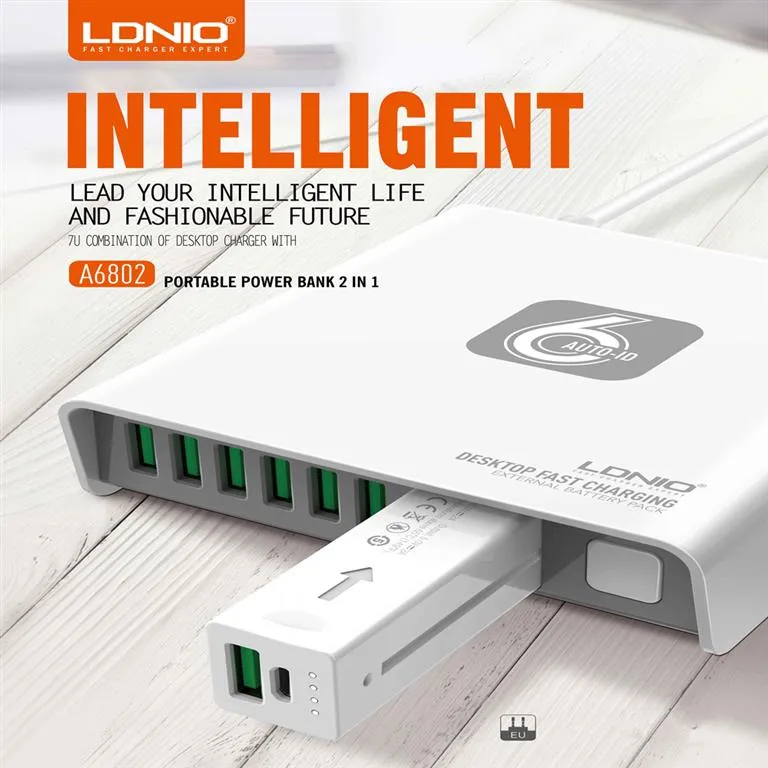 LDNIO A6802 - 6 port phone Charger With Small PowerBank - MultiPort Charger