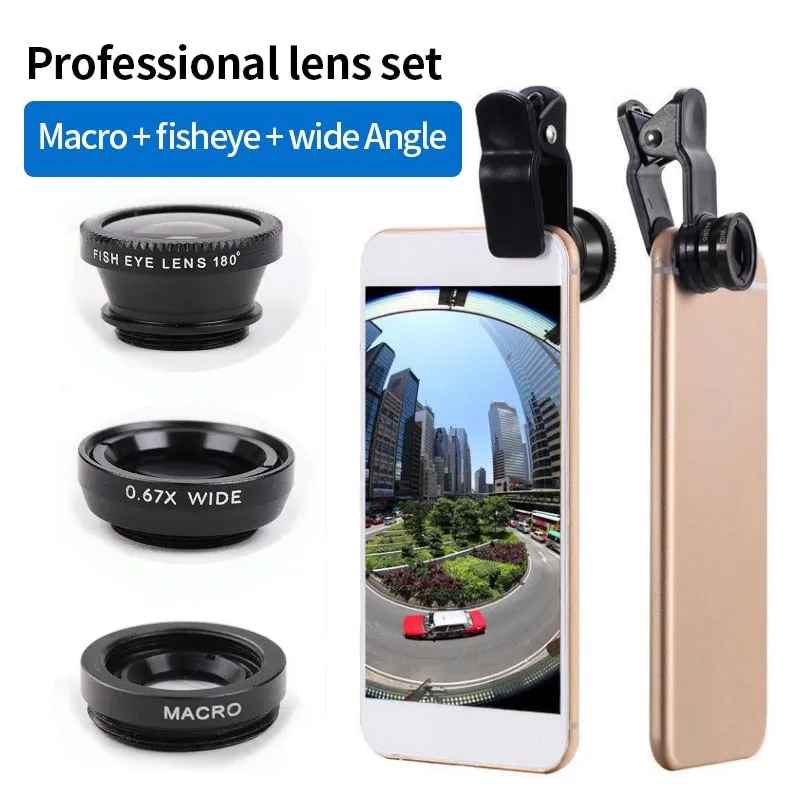 Mobile Phone External Lens Fisheye Wide Angle Macro Glass Lens 3-in-1 Lens