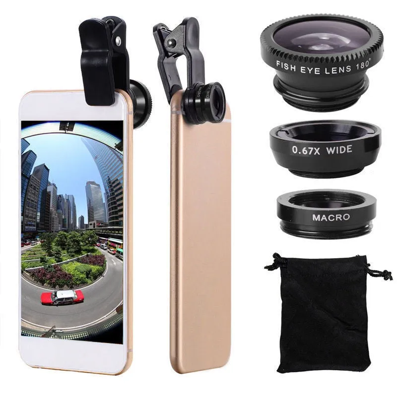 Mobile Phone External Lens Fisheye Wide Angle Macro Glass Lens 3-in-1 Lens