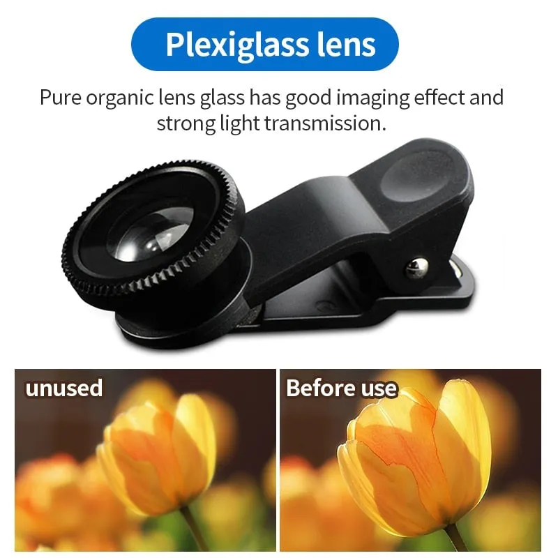 Mobile Phone External Lens Fisheye Wide Angle Macro Glass Lens 3-in-1 Lens