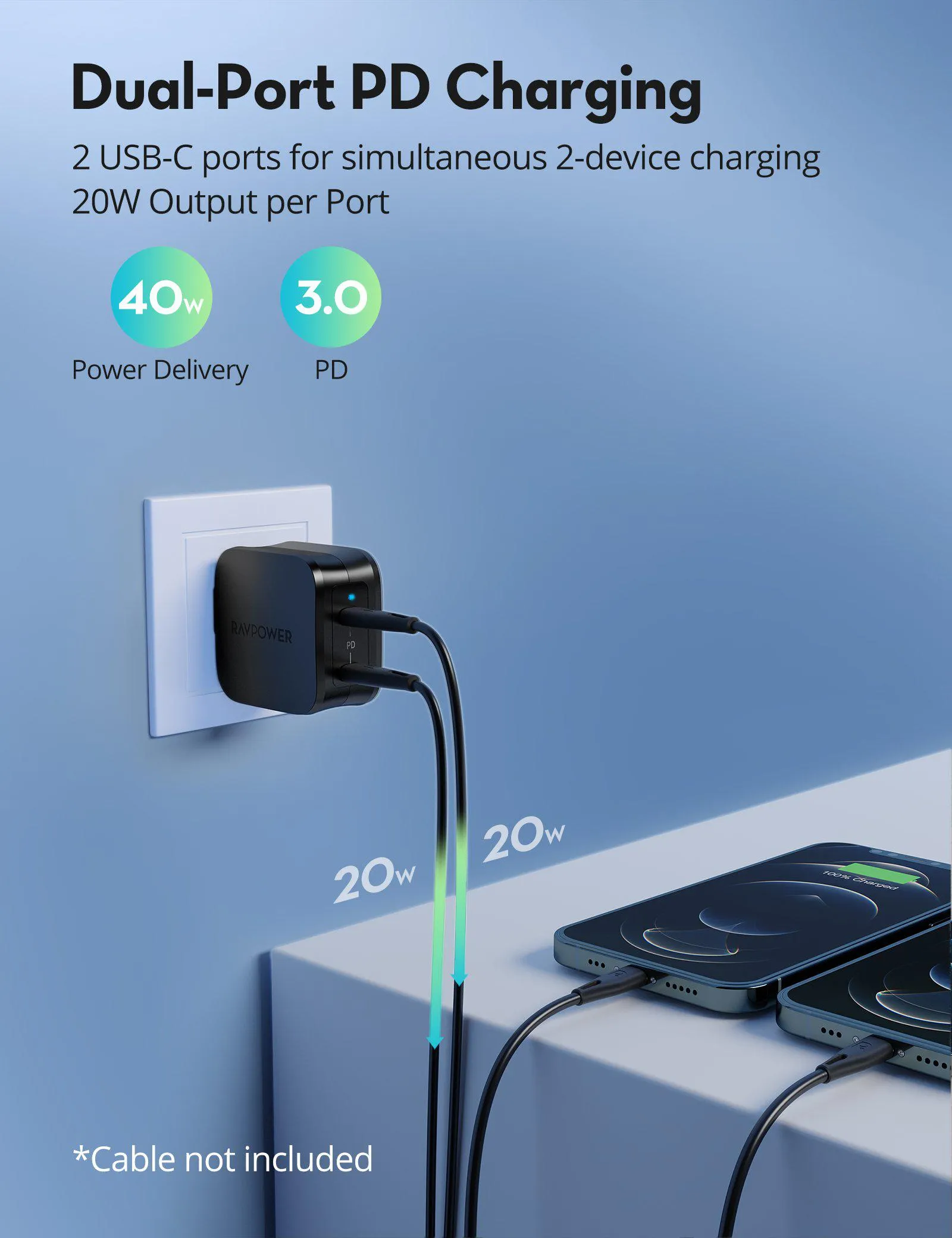 RAVPower 40W 2-Port iPhone Fast Charger